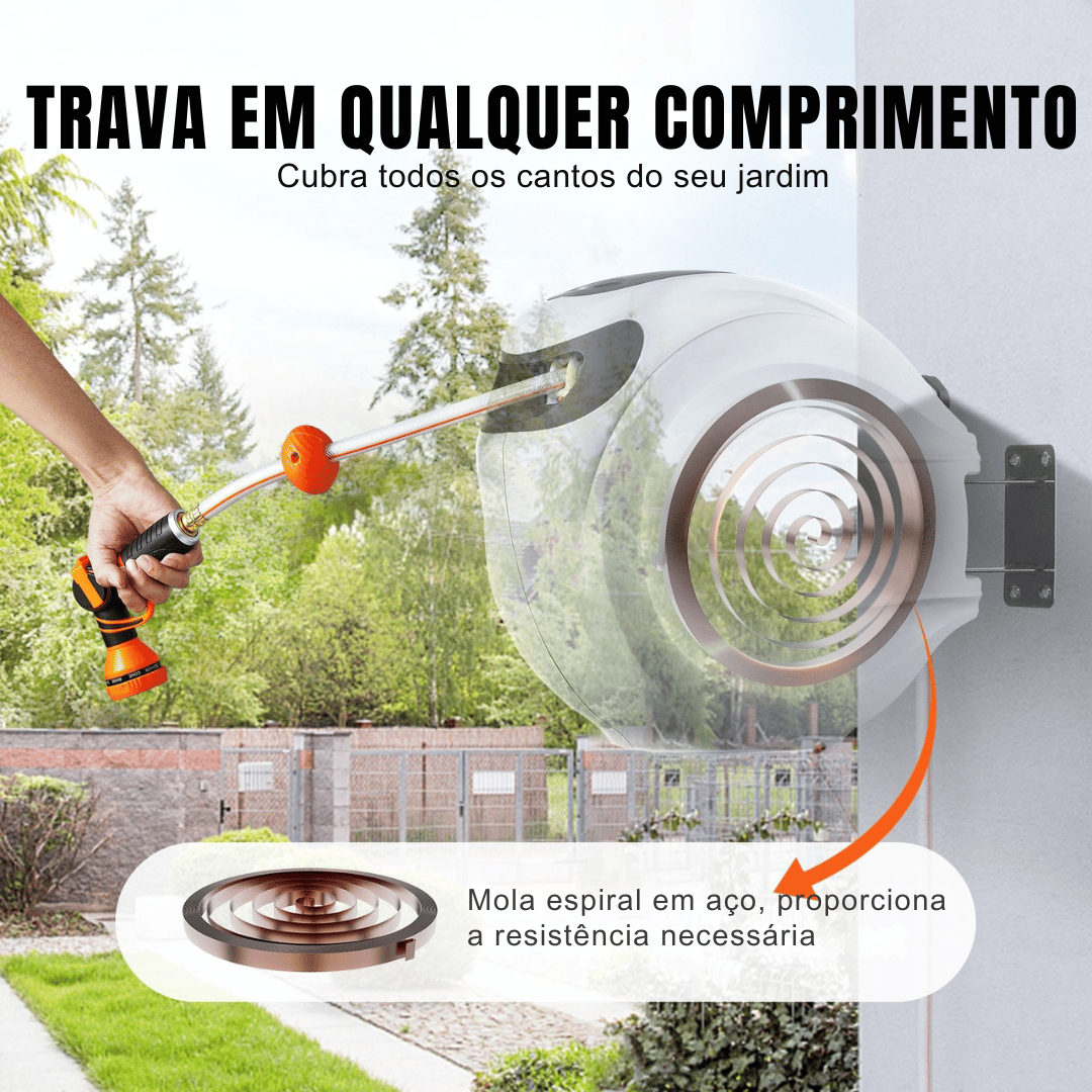 Mangueira Retrátil Carretel VEVOR 40m x 1/2" com Suporte de Parede Giratório 180°, Bico com 9 Jatos e Enrolamento Automático – Para Jardim, Quintal, Lavagem de Carros