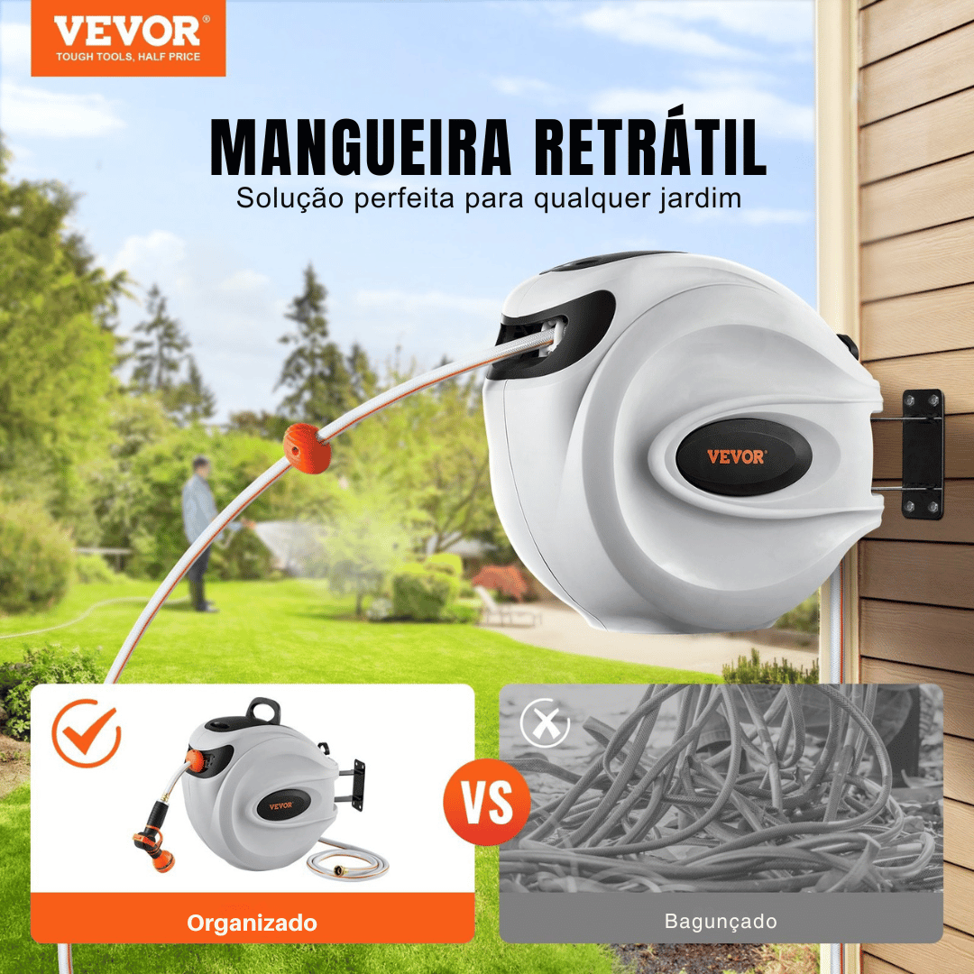 Mangueira Retrátil Carretel VEVOR 40m x 1/2" com Suporte de Parede Giratório 180°, Bico com 9 Jatos e Enrolamento Automático – Para Jardim, Quintal, Lavagem de Carros