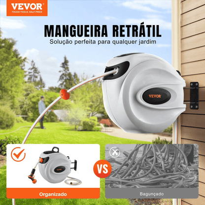 Mangueira Retrátil Carretel VEVOR 40m x 1/2" com Suporte de Parede Giratório 180°, Bico com 9 Jatos e Enrolamento Automático – Para Jardim, Quintal, Lavagem de Carros