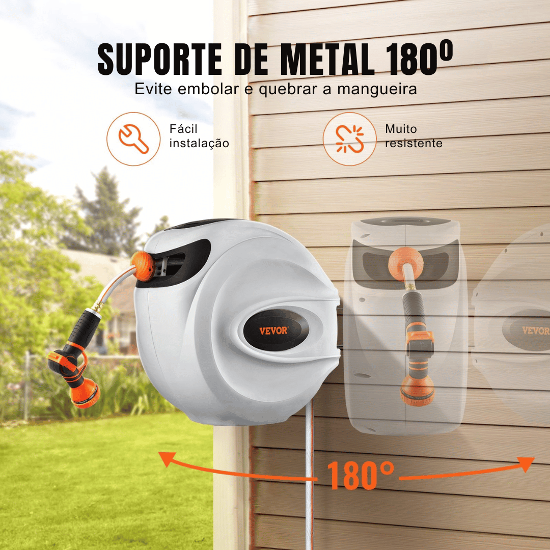 Mangueira Retrátil Carretel VEVOR 40m x 1/2" com Suporte de Parede Giratório 180°, Bico com 9 Jatos e Enrolamento Automático – Para Jardim, Quintal, Lavagem de Carros