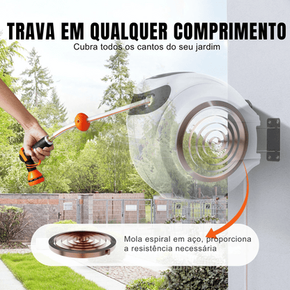 Mangueira Retrátil Carretel VEVOR 40m x 1/2" com Suporte de Parede Giratório 180°, Bico com 9 Jatos e Enrolamento Automático – Para Jardim, Quintal, Lavagem de Carros