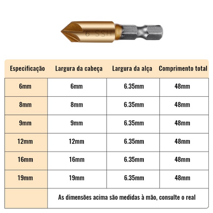 Brocas Escareadoras Para Chanfro Dourado | Kit com 6 Peças