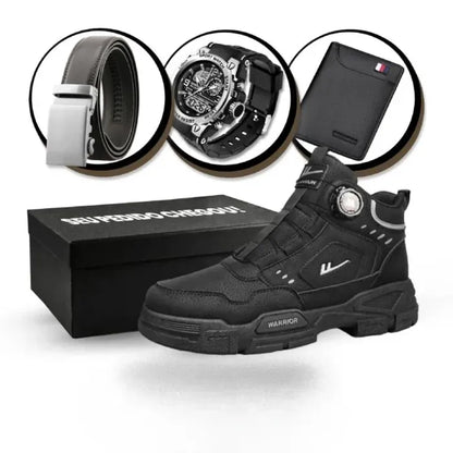 Kit Bota Militar Warrior Masculina de Couro Legitimo + 3 BRINDES: Cinto, Relógio e Carteira