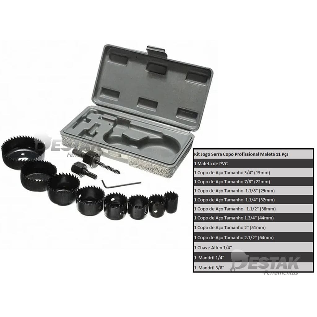 Jogo Serra Copo 11 Peças 19mm Ao 64mm Para Madeira