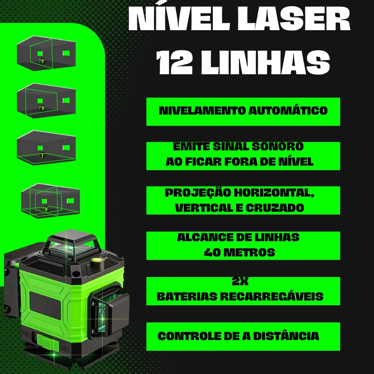 Kit Nível Laser Verde 12 Linhas 3D Profissional 40m com Tripé, Esquadro, Suporte e Controle – Recarregável