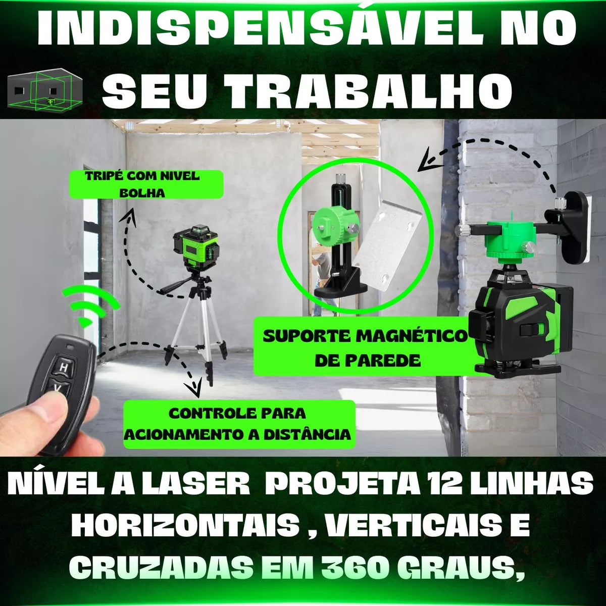 Kit Nível Laser Verde 12 Linhas 3D Profissional 40m com Tripé, Esquadro, Suporte e Controle – Recarregável