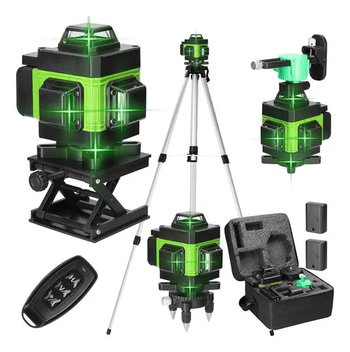 Kit Nível Laser Verde 12 Linhas 3D Profissional 40m com Tripé, Esquadro, Suporte e Controle – Recarregável