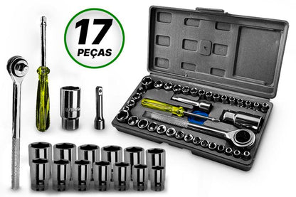 Jogo Soquete 16 Peças Com Chave Catraca Com Soquete Sextavado 1/4"