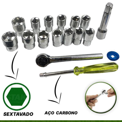 Jogo Soquete 16 Peças Com Chave Catraca Com Soquete Sextavado 1/4"
