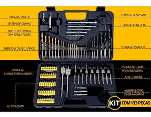 Jogo De Brocas Titânio Profissional  Para Furadeira Com Maleta 103 Peças